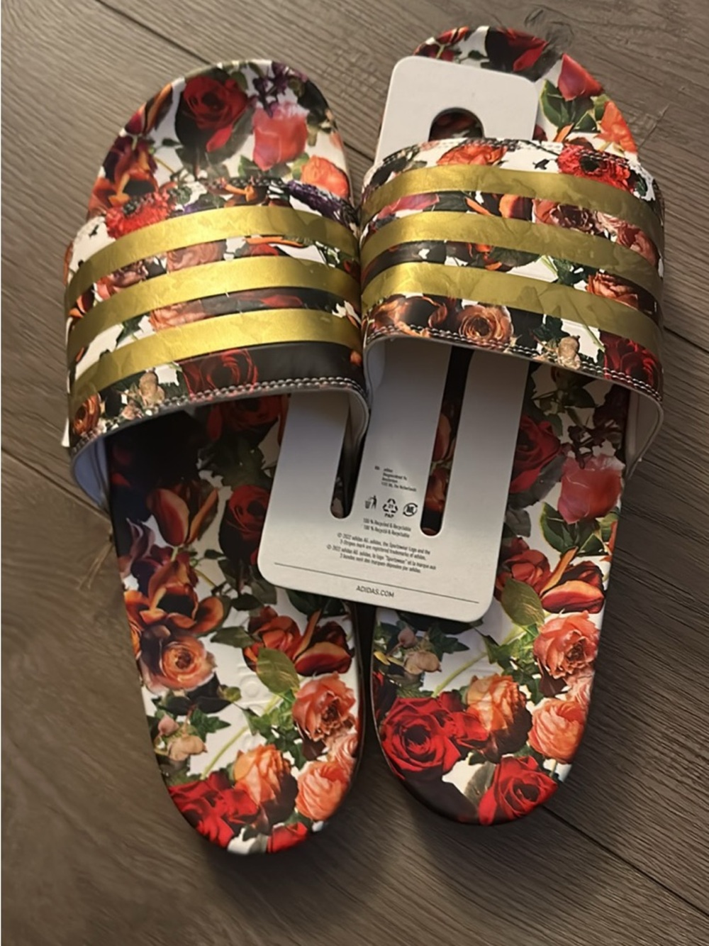 adidas Floral Slides with Gold Straps